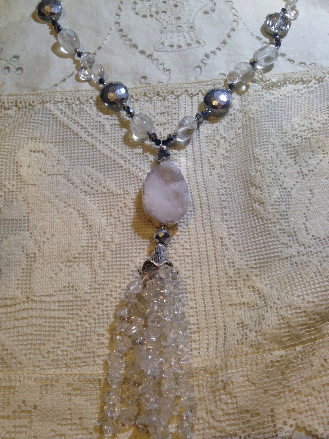Handmade White druze Quartz and Crystal tassel Necklace