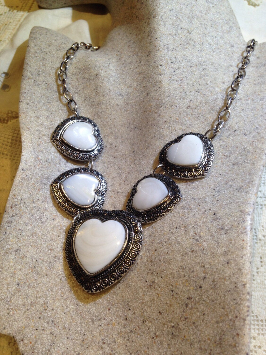 Vintage White Genuine Mother of Pearl Silver Finished Heart Necklace