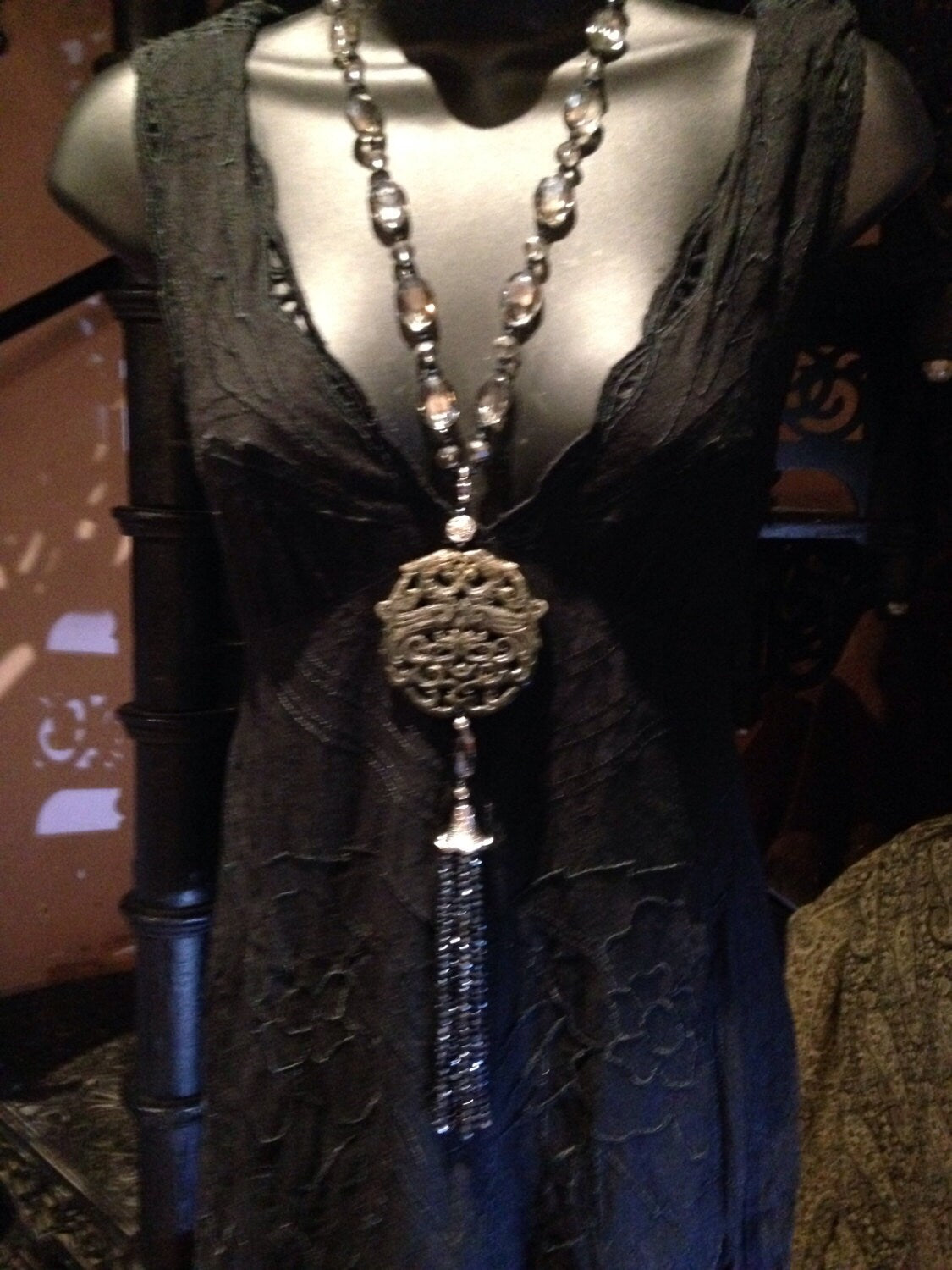 Vintage Handmade Black Carved Pendant Quartz and Crystal Necklace