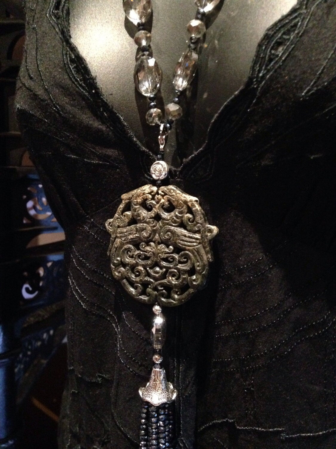Vintage Handmade Black Carved Pendant Quartz and Crystal Necklace