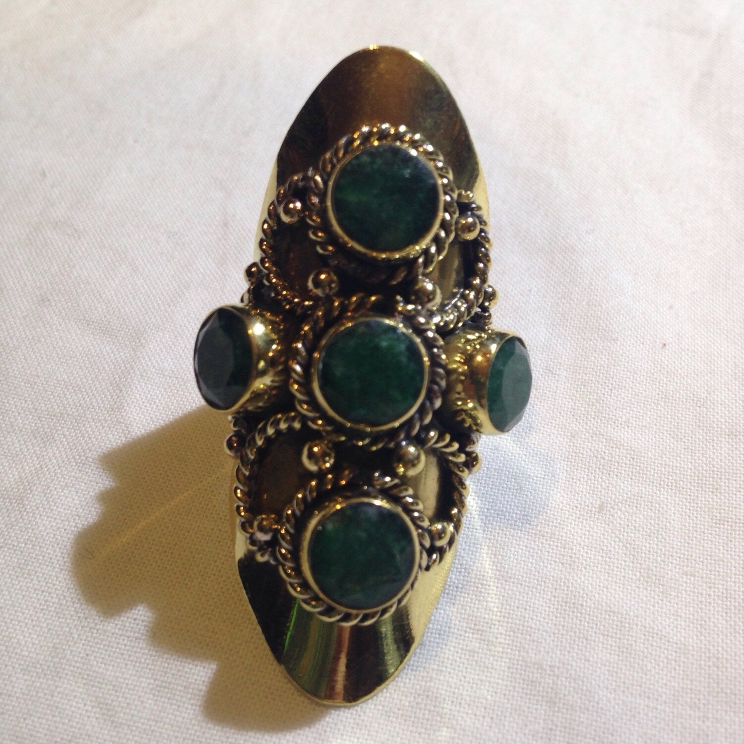 Vintage Genuine Emerald Brass Knuckle Adjustable Ring