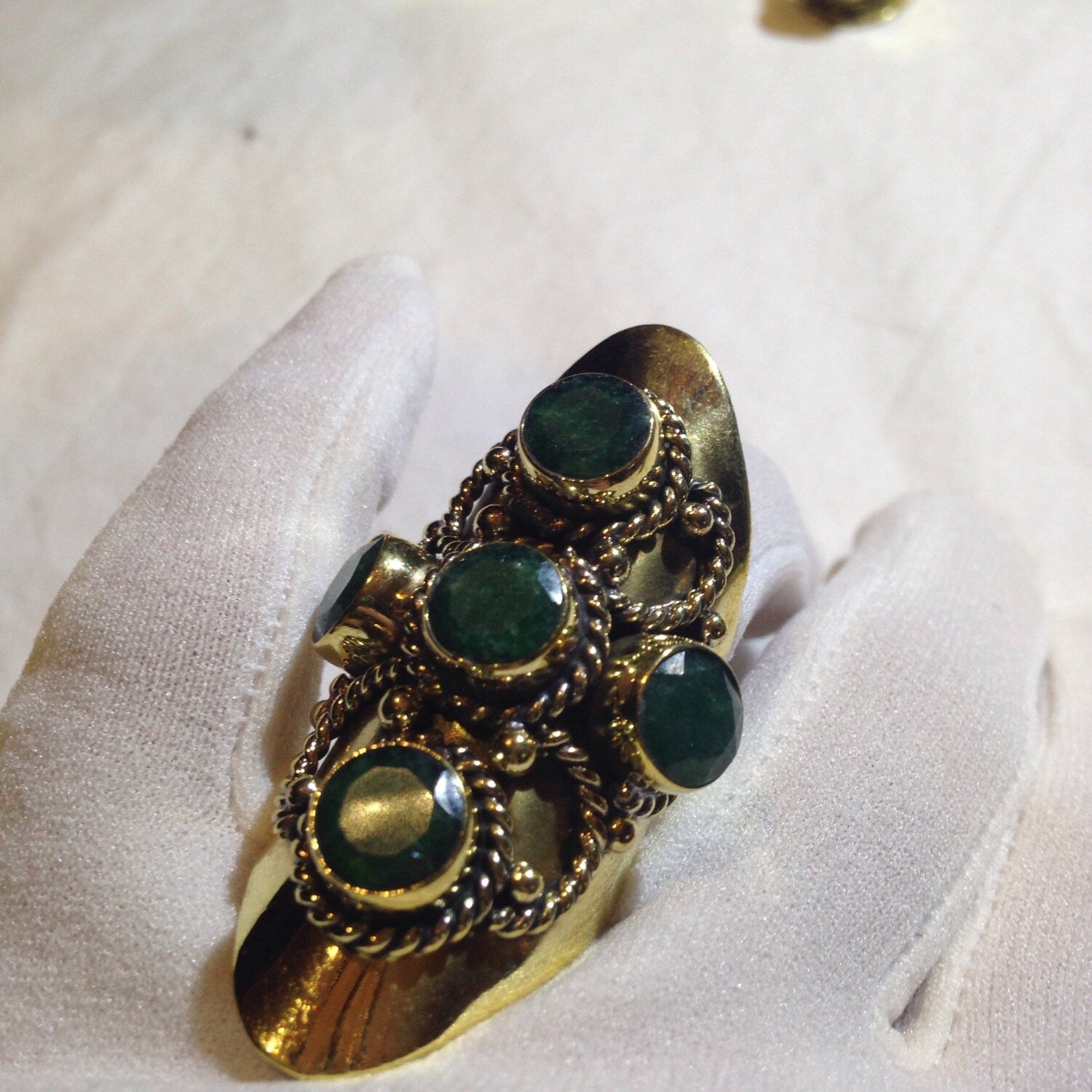 Vintage Genuine Emerald Brass Knuckle Adjustable Ring