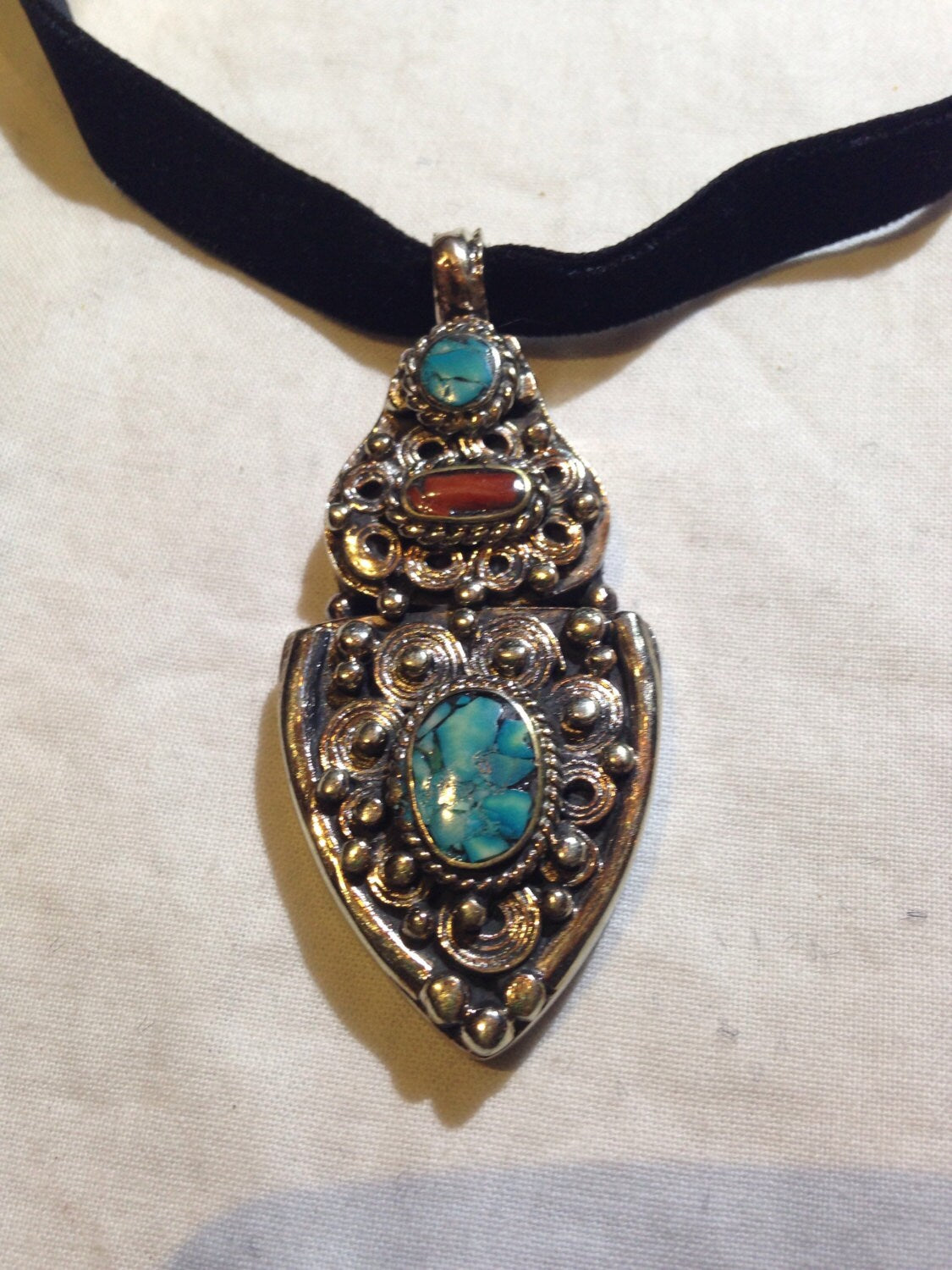 Large Handmade Vintage Engraved Repose Brass Turquoise Pendant