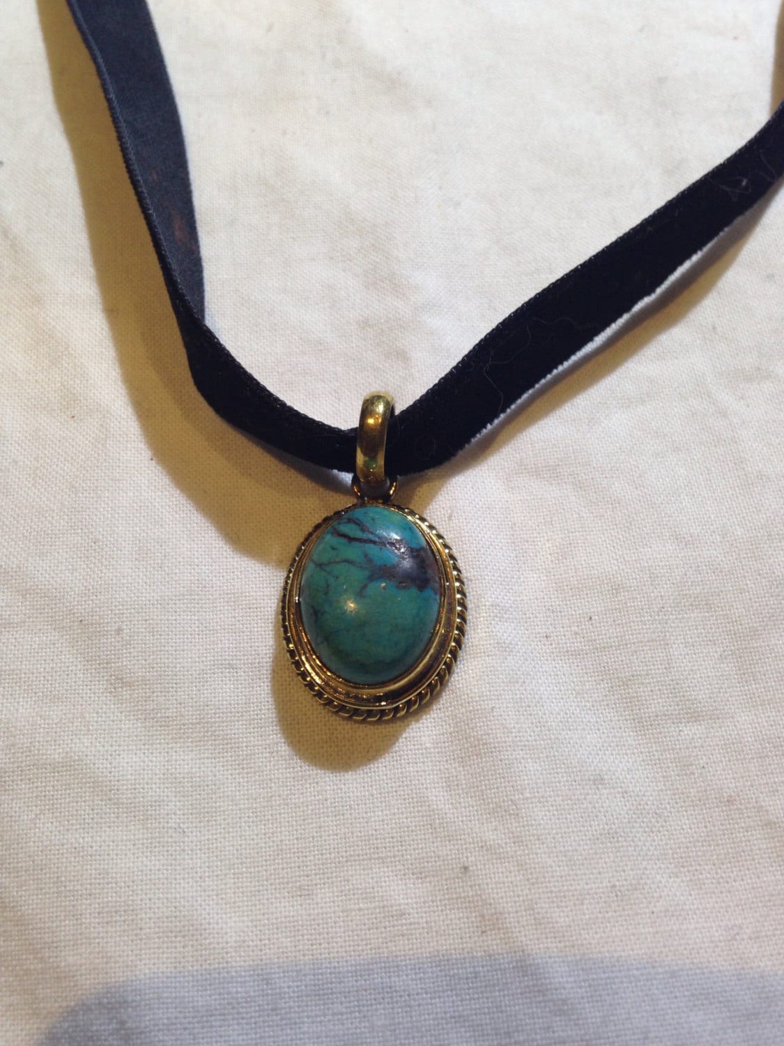 Large Handmade Vintage Engraved Repose Brass Turquoise Pendant