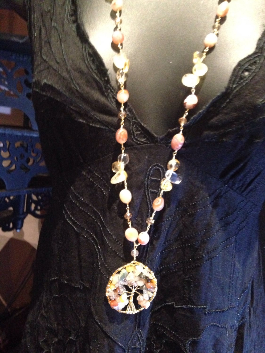 Hand Wrapped Pearl and Crystal Tree of Life Necklace