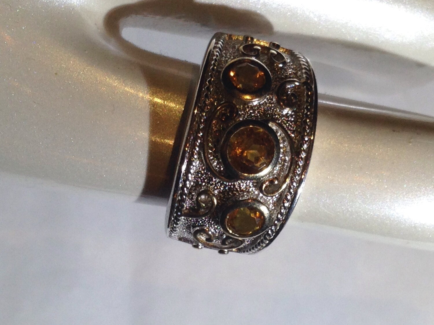 Vintage Gothic Golden Citrine 925 Sterling Silver Band Ring