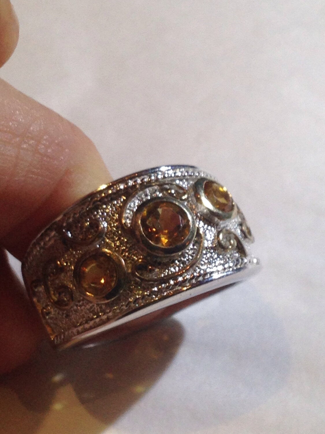 Vintage Gothic Golden Citrine 925 Sterling Silver Band Ring