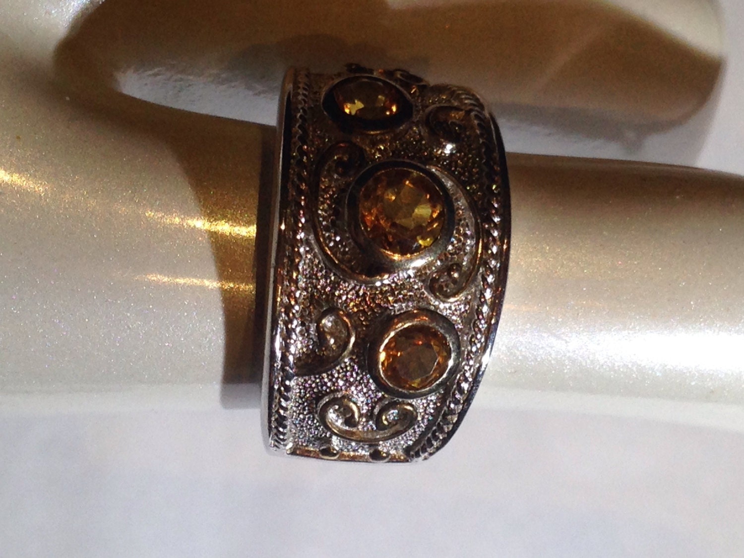 Vintage Gothic Golden Citrine 925 Sterling Silver Band Ring