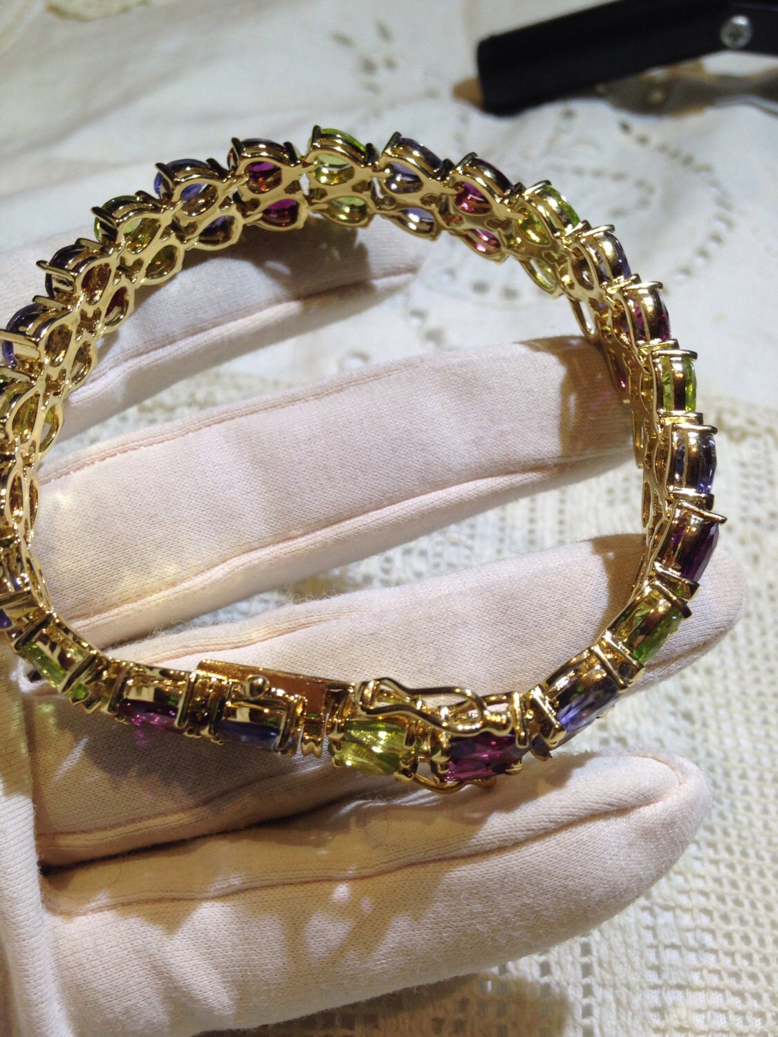 Handmade Iolite Rhodalite Peridot Gold Finished Sterling Silver Tennis Bracelet