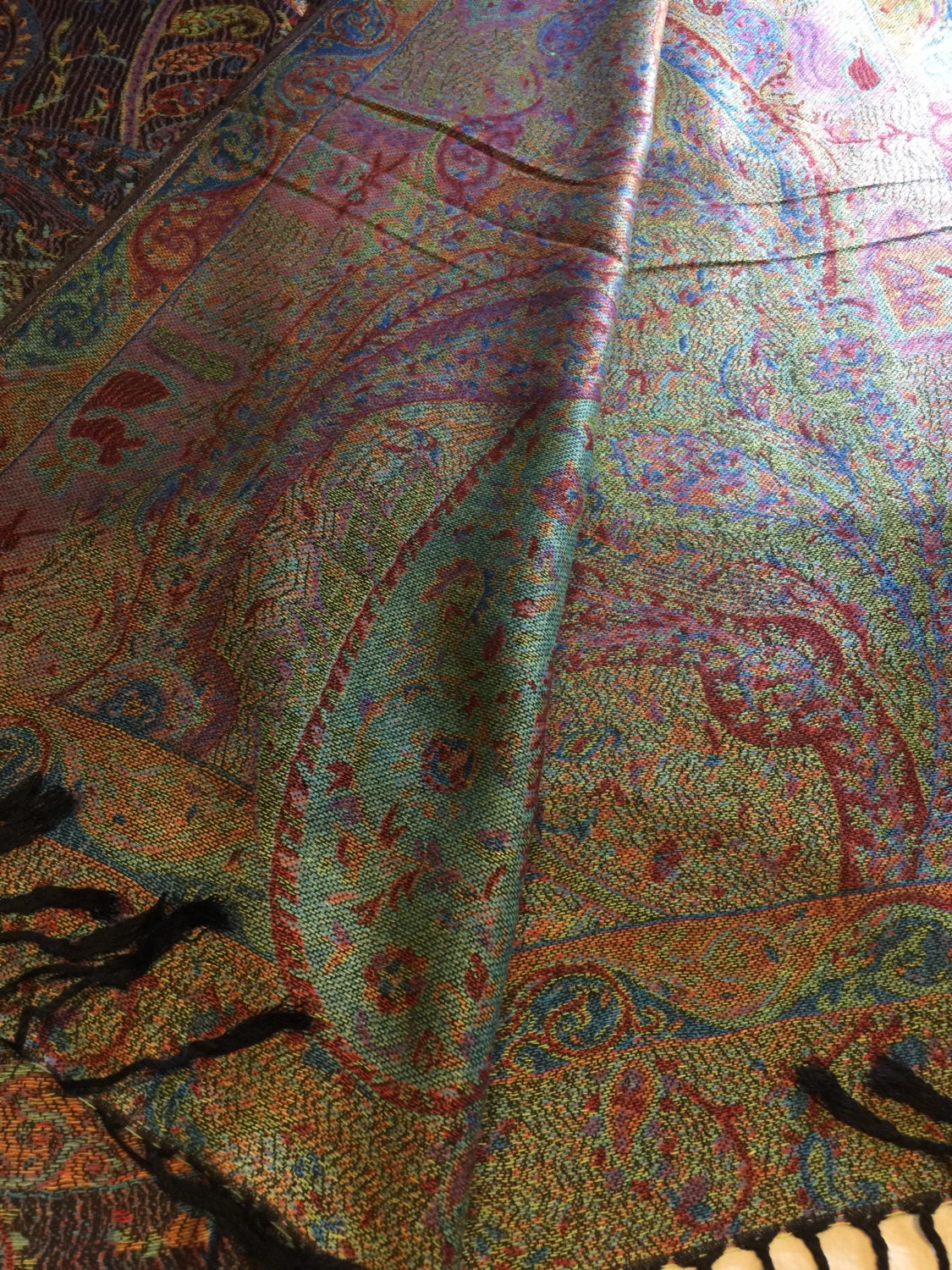 Vintage Black Red Paisley Brocade Pashmina Scarf Wrap Shawl