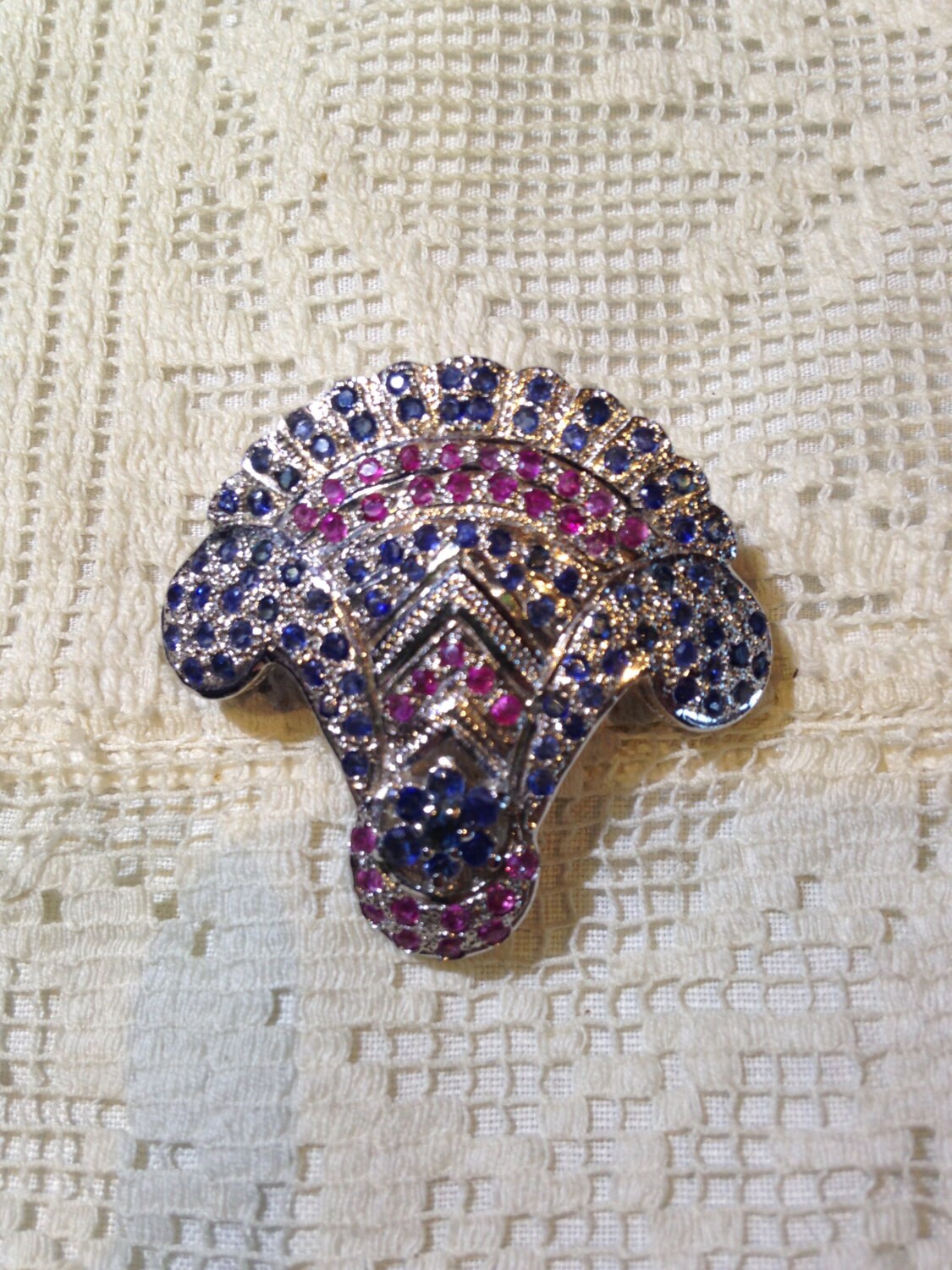 Vintage Gemstone Ruby Sapphire 925 Sterling Silver Flower Basket Pin Pendant