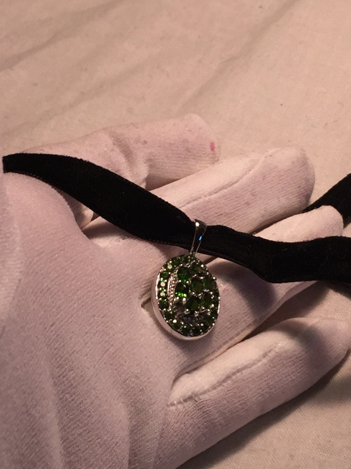 Vintage Green Choker Deco Chrome Diopside 925 Sterling Silver Pendant Necklace