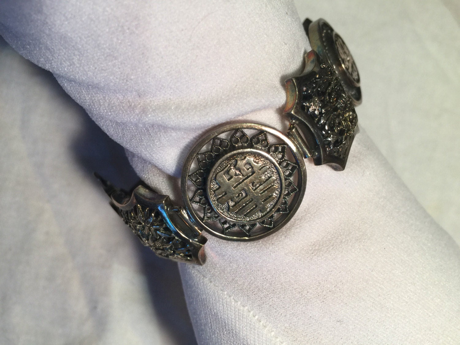 Vintage Sterling Silver Filligree Chinese Lucky Bracelet