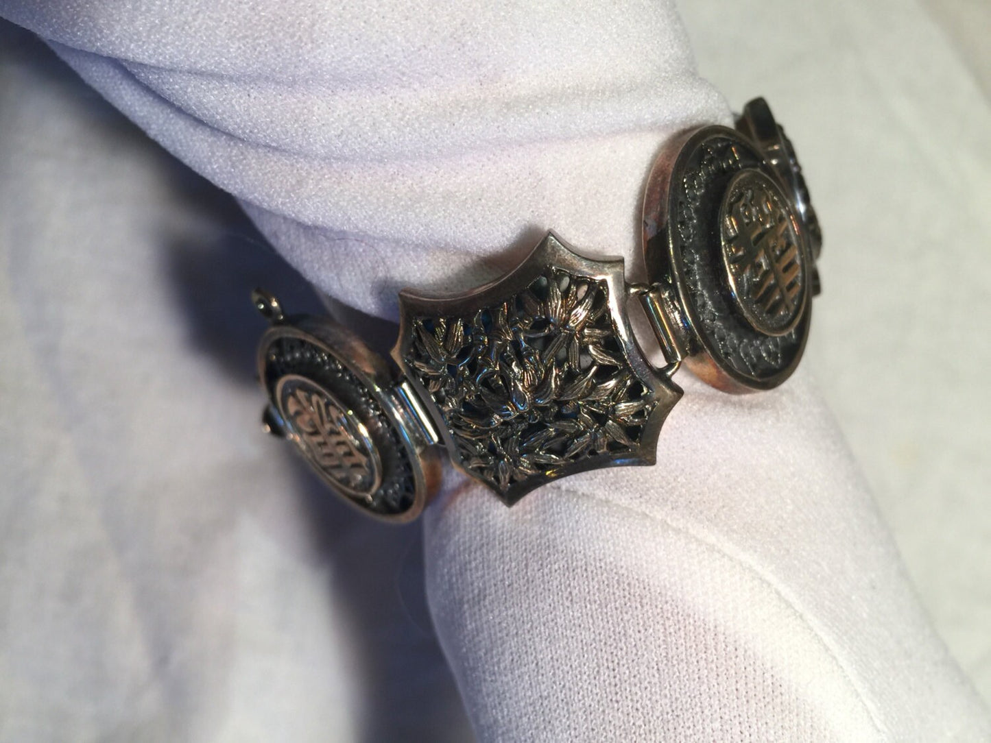 Vintage Sterling Silver Filligree Chinese Lucky Bracelet