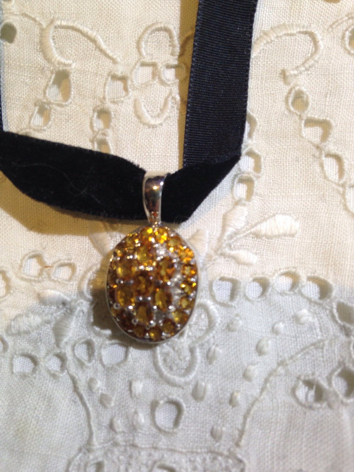 Vintage Golden Citrine Choker 925 Sterling Silver Pendant Necklace