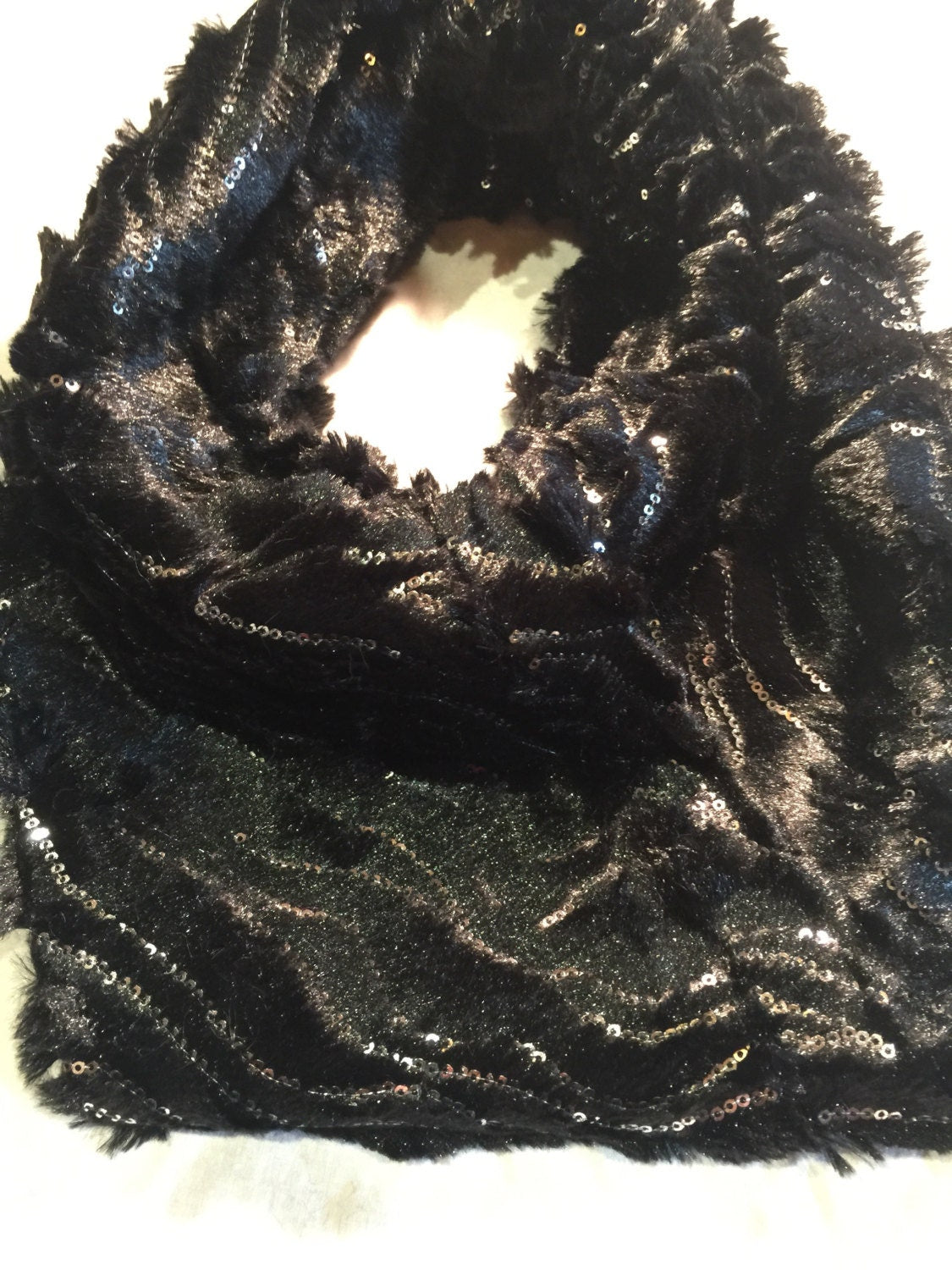 Nemesis Antique Vintage Styled Infinity Scarf, Black Furry Knit