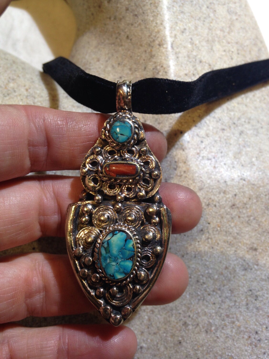 Large Handmade Vintage Engraved Repose Brass Turquoise Pendant