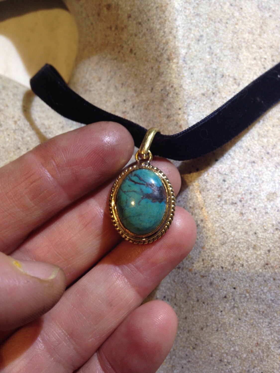 Large Handmade Vintage Engraved Repose Brass Turquoise Pendant