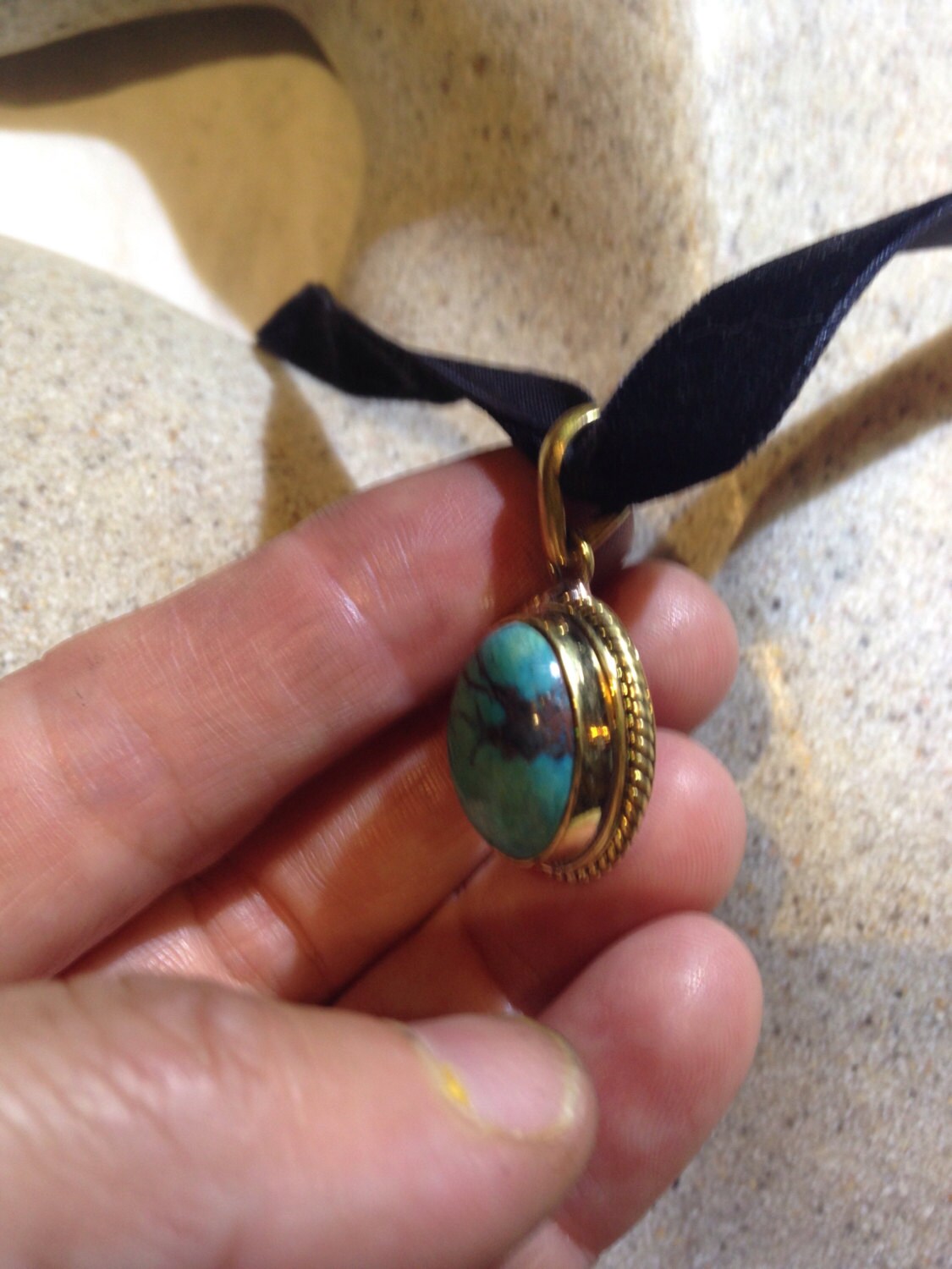 Large Handmade Vintage Engraved Repose Brass Turquoise Pendant