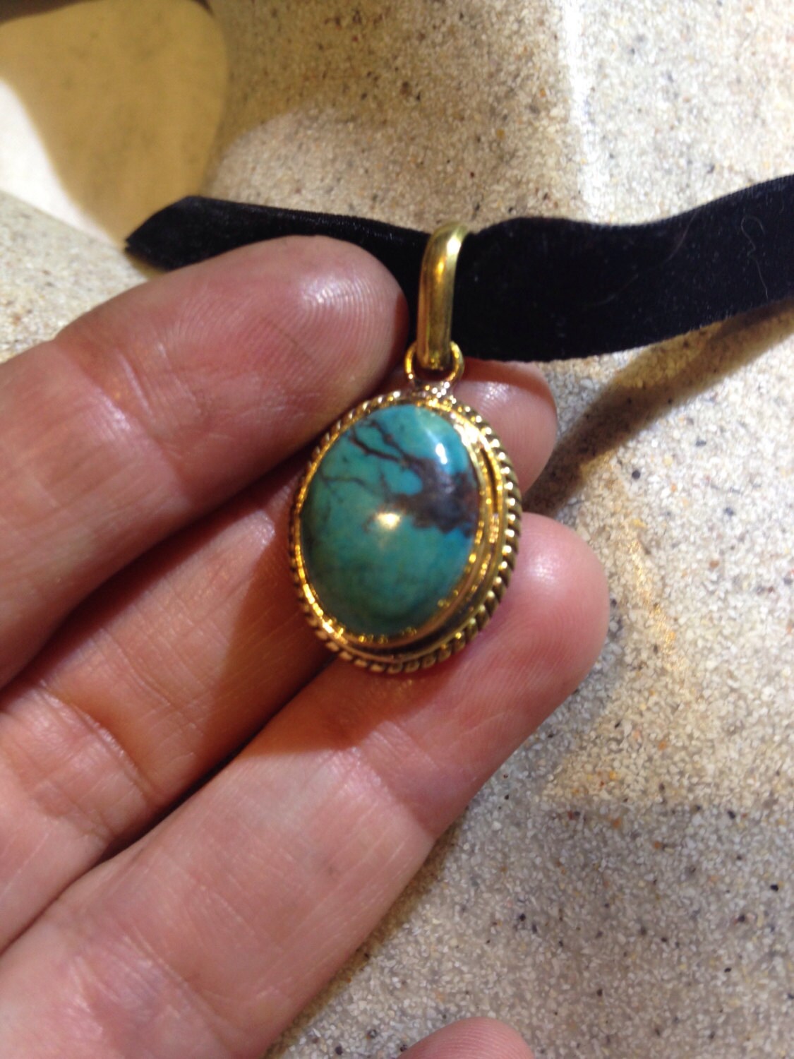 Large Handmade Vintage Engraved Repose Brass Turquoise Pendant