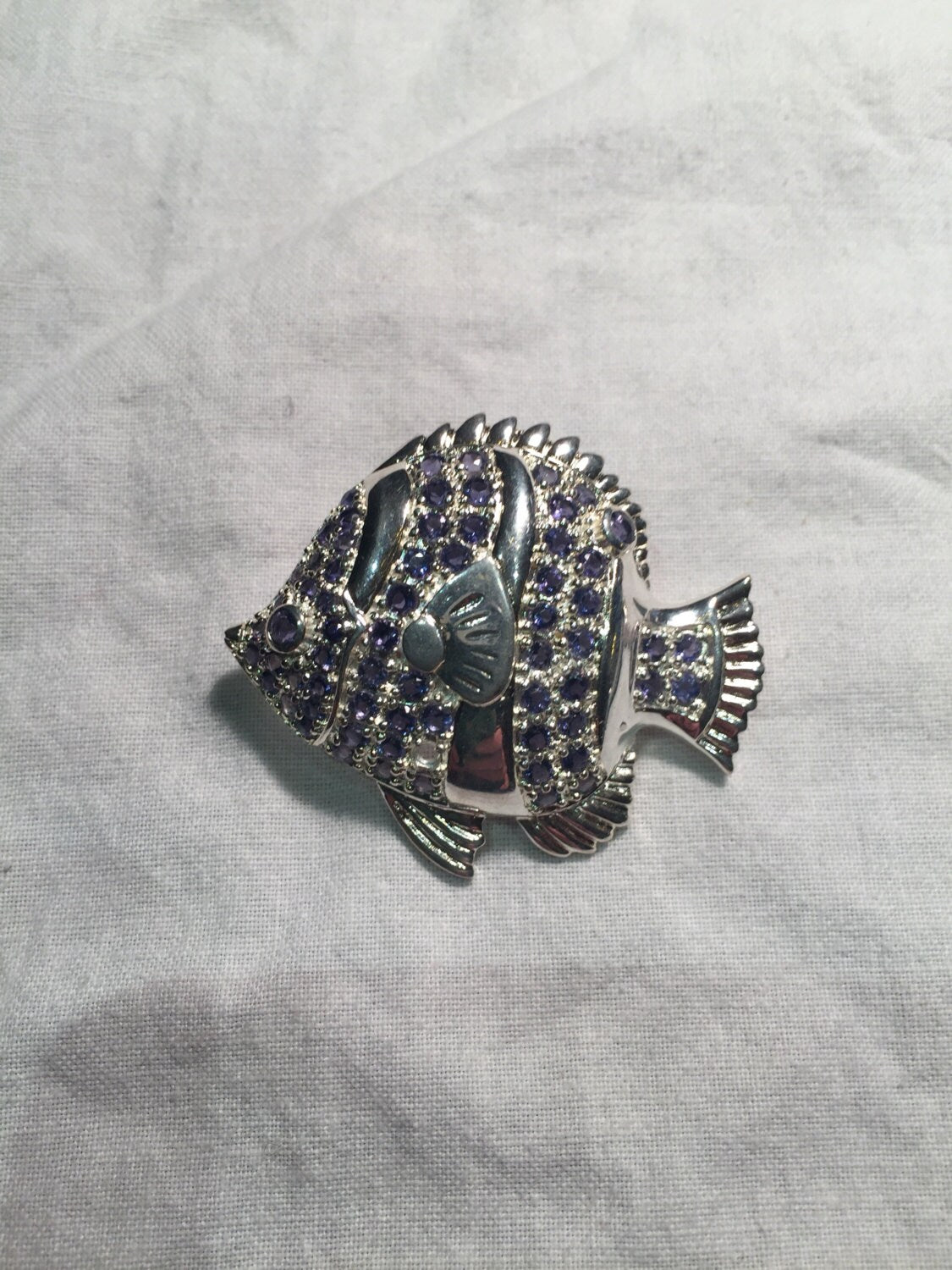 Vintage Handmade Blue Iolite Sterling Silver Fish Brooch