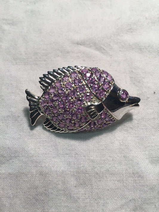 Vintage Handmade Purple Amethyst Sterling Silver Fish Brooch