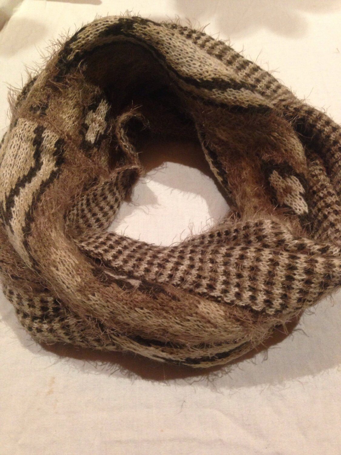 Antique Vintage Styled Infinity Scarf, Navajo Print. Furry Knit