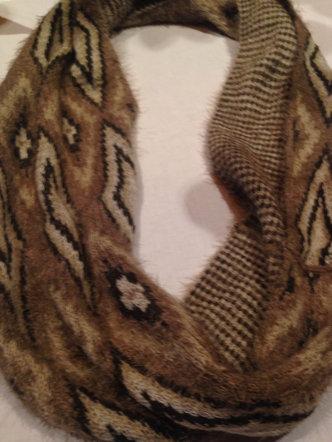 Antique Vintage Styled Infinity Scarf, Navajo Print. Furry Knit