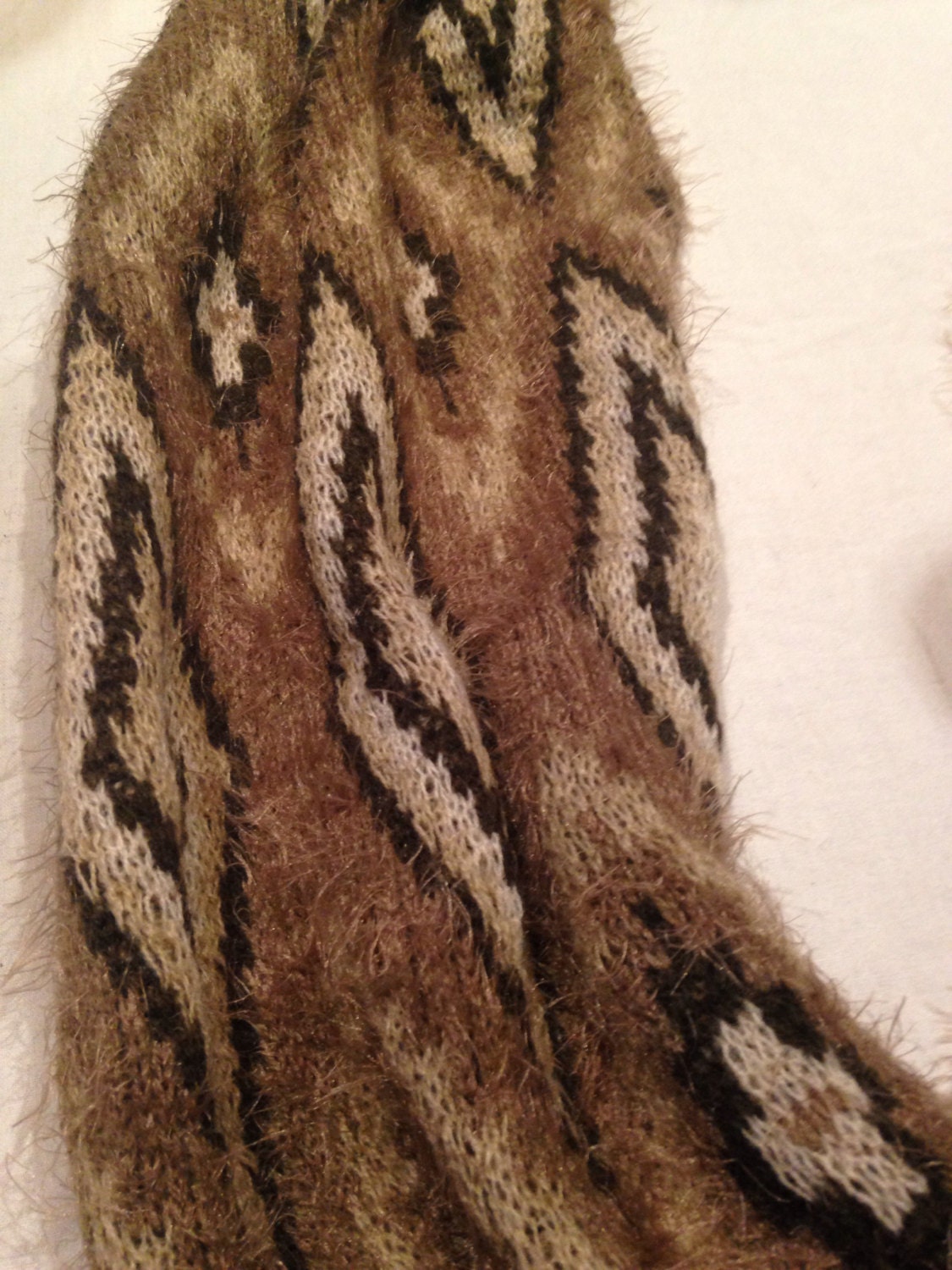 Antique Vintage Styled Infinity Scarf, Navajo Print. Furry Knit