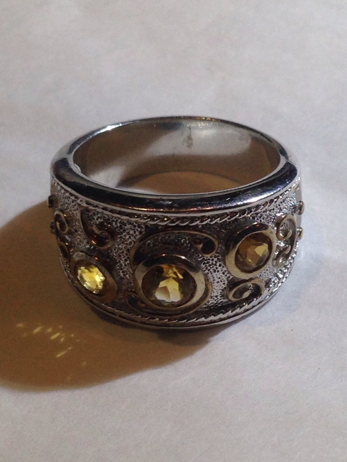 Vintage Gothic Golden Citrine 925 Sterling Silver Band Ring