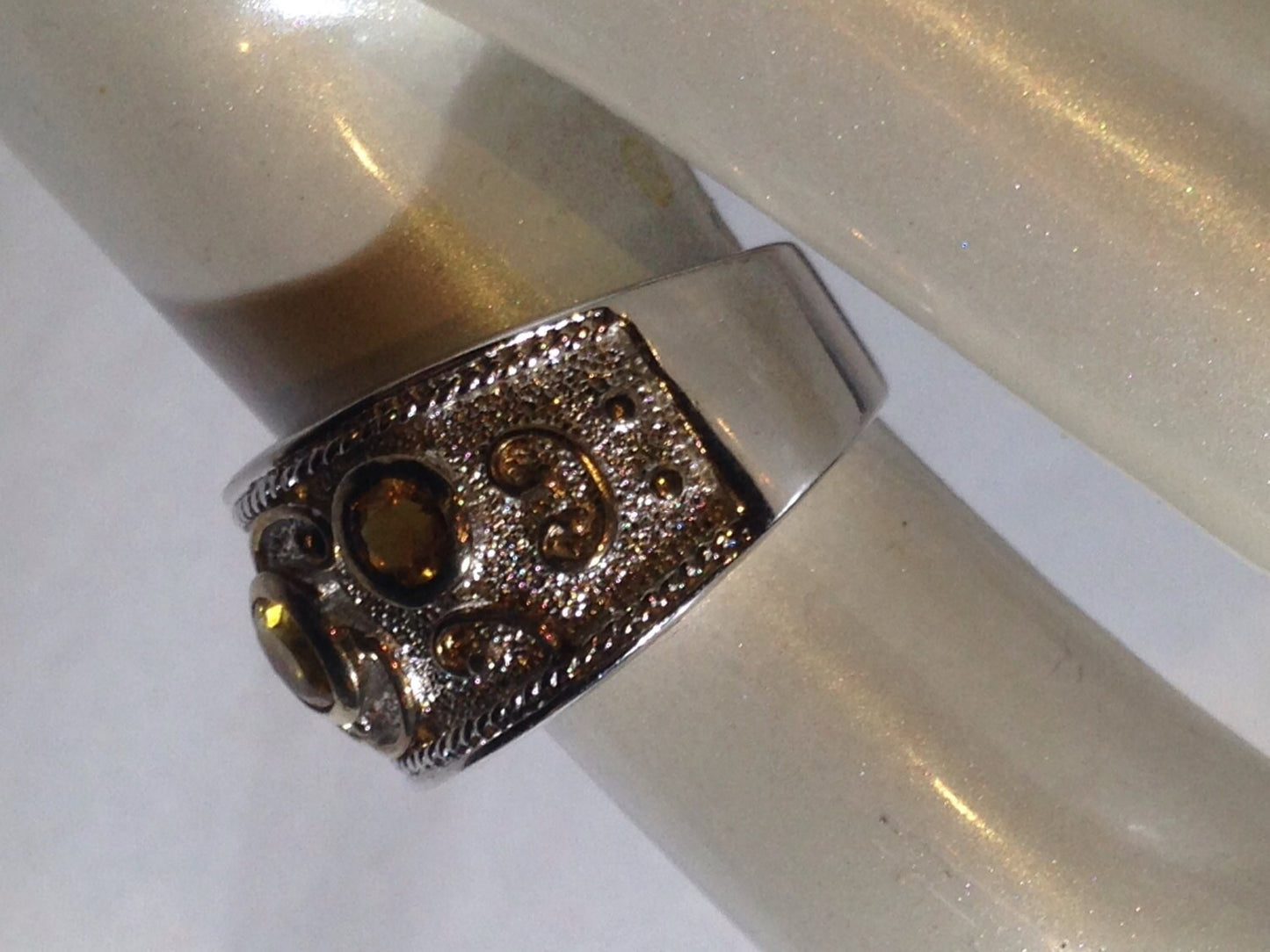 Vintage Gothic Golden Citrine 925 Sterling Silver Band Ring