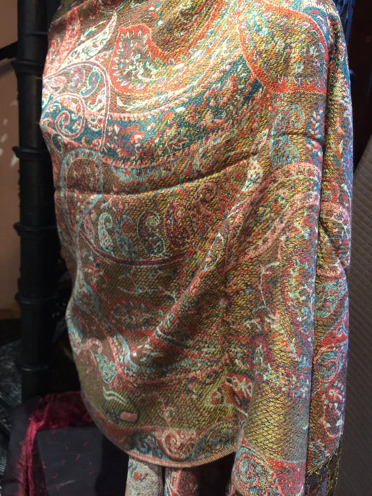 Vintage Green and Beige Paisley Brocade Pashmina Scarf Wrap Shawl
