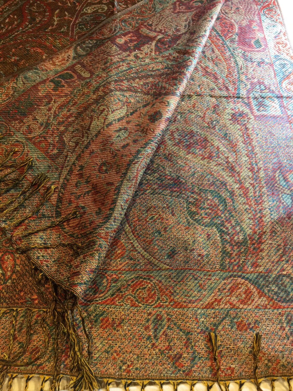 Vintage Green and Beige Paisley Brocade Pashmina Scarf Wrap Shawl