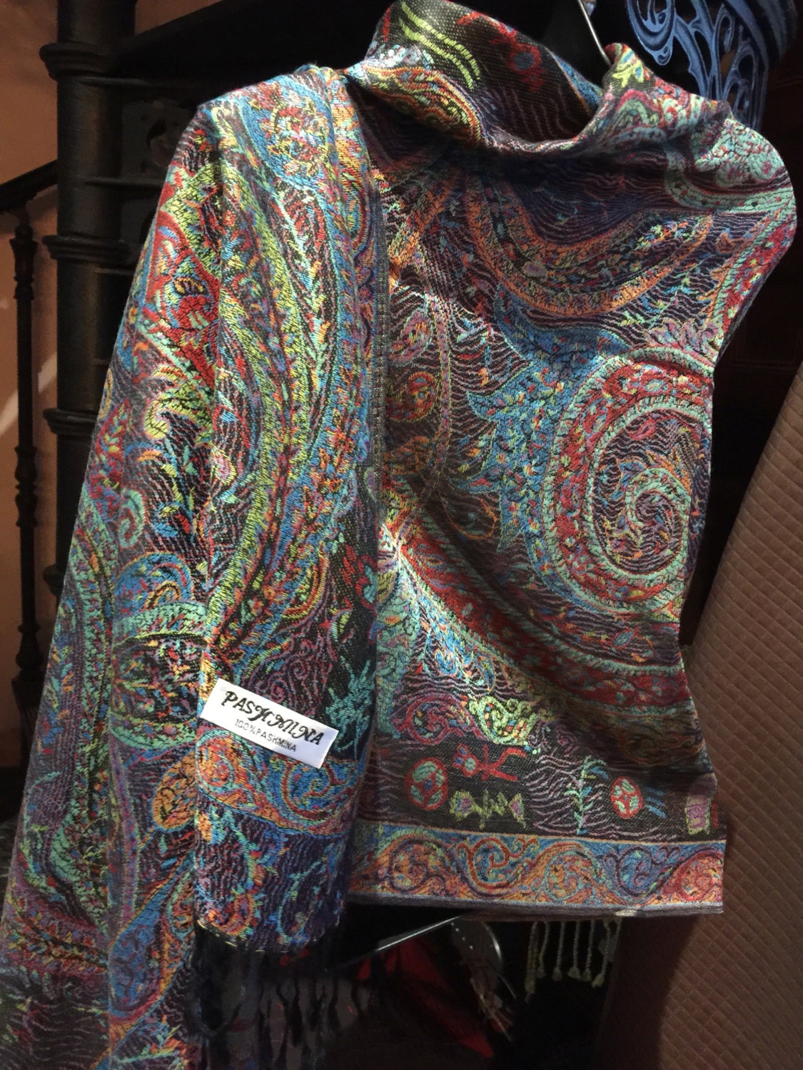 Vintage Black Red Paisley Brocade Pashmina Scarf Wrap Shawl