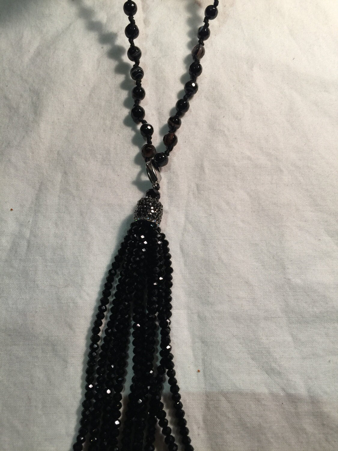 Handmade Black Striped Onyx and Crystal Tassel Necklace