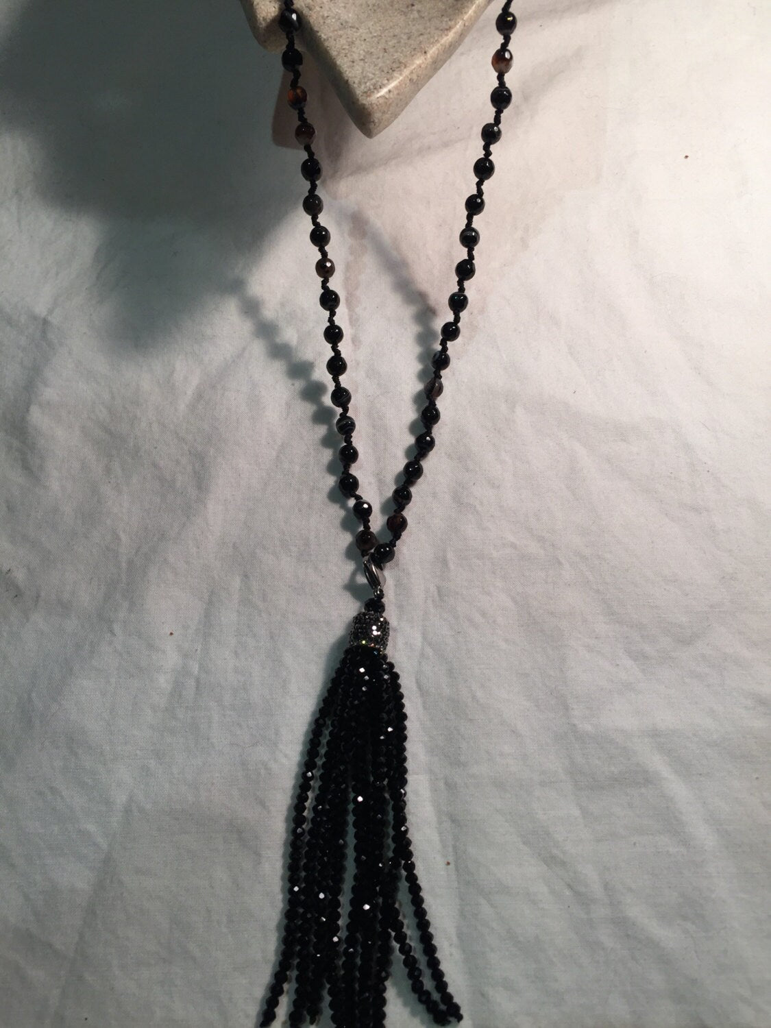 Handmade Black Striped Onyx and Crystal Tassel Necklace