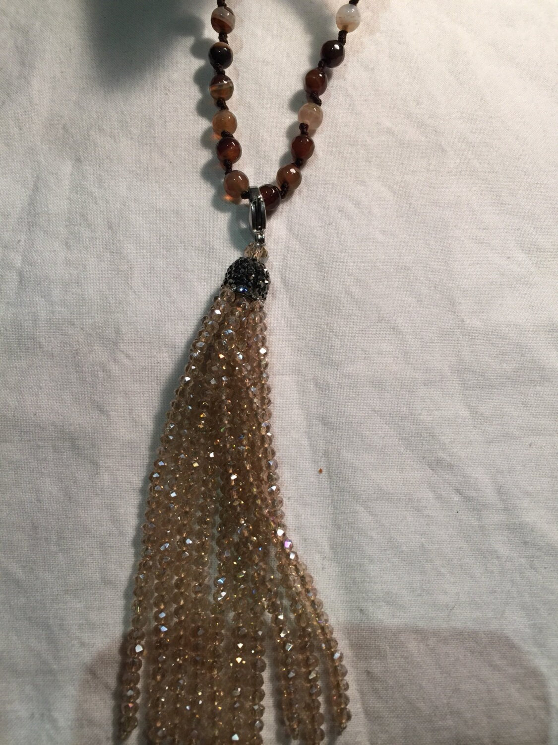Handmade Brown Striped Onyx and Crystal Tassel Necklace