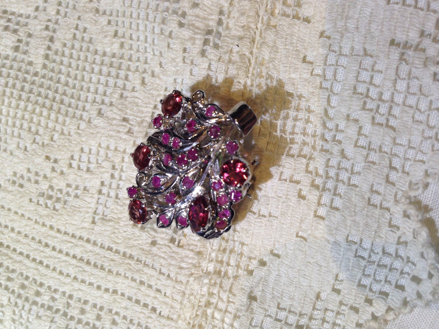 Vintage Handmade Genuine Rhodolite Garnet and Ruby 925 Sterling Silver Rhodium Brooch Pendant