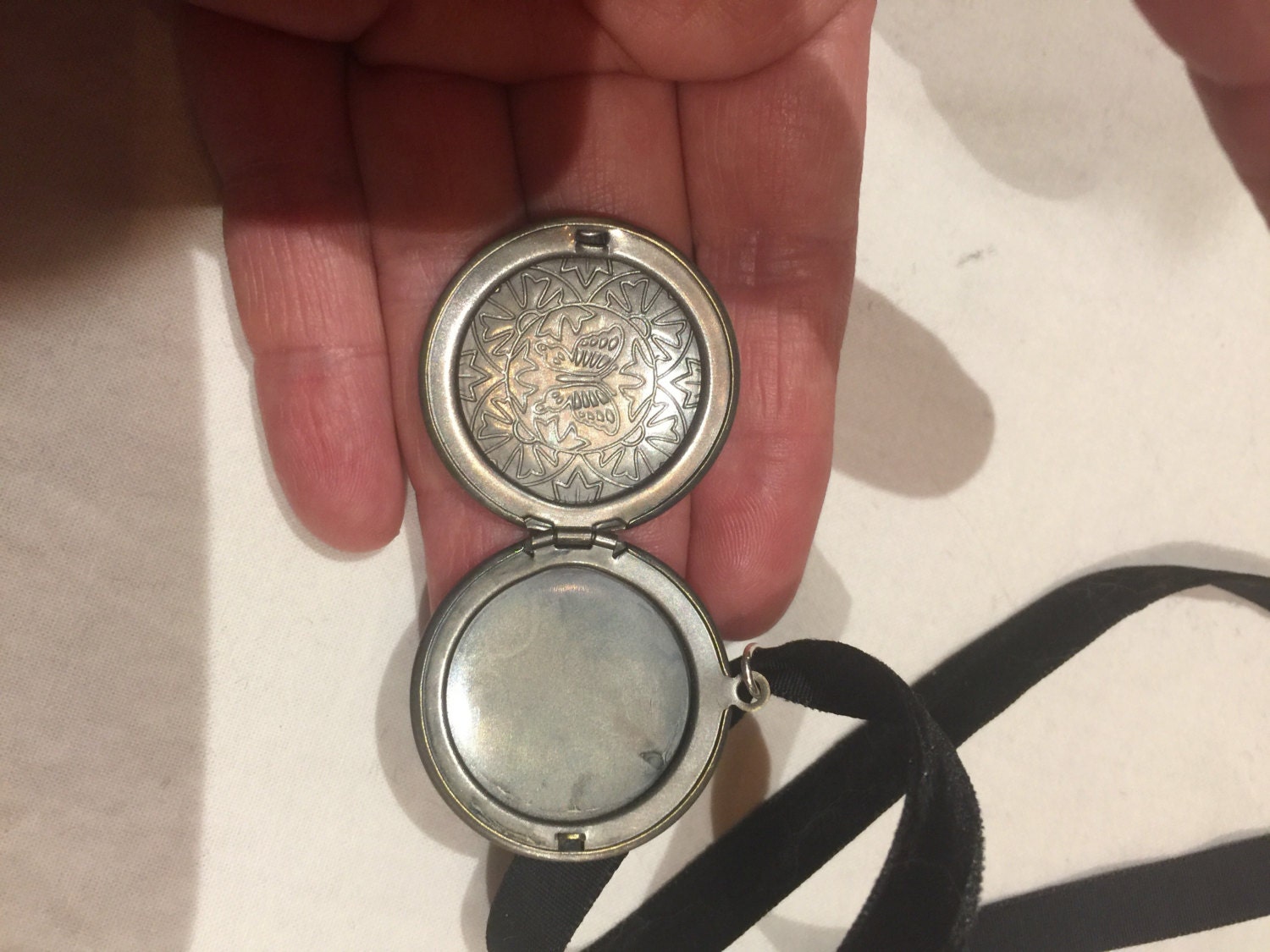 Vintage Locket Choker Silver Pewter Butterfly Deco Etched Necklace