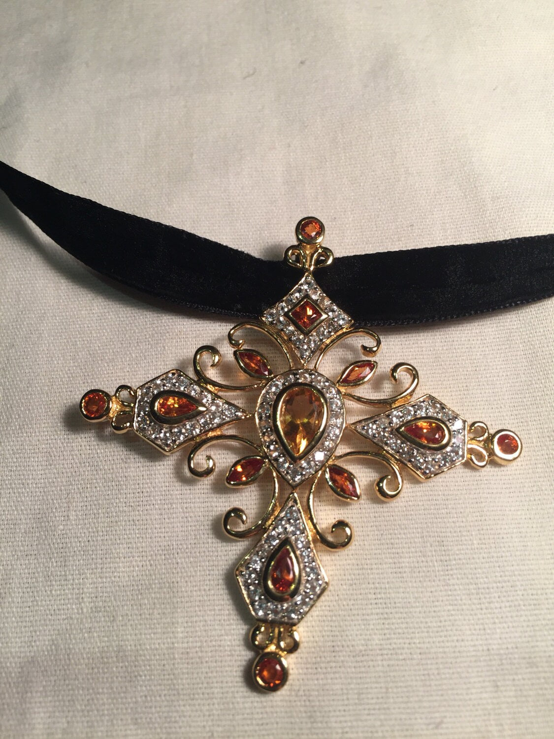 Vintage Handmade 925 Sterling Silver Gold Finish Citrine Cross Pendant