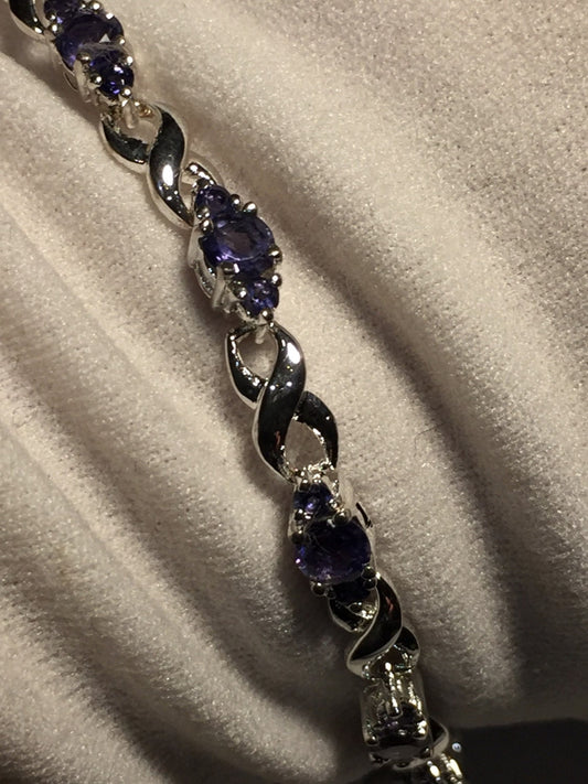 Handmade Genuine Blue Iolite 925 Sterling Silver Tennis Bracelet