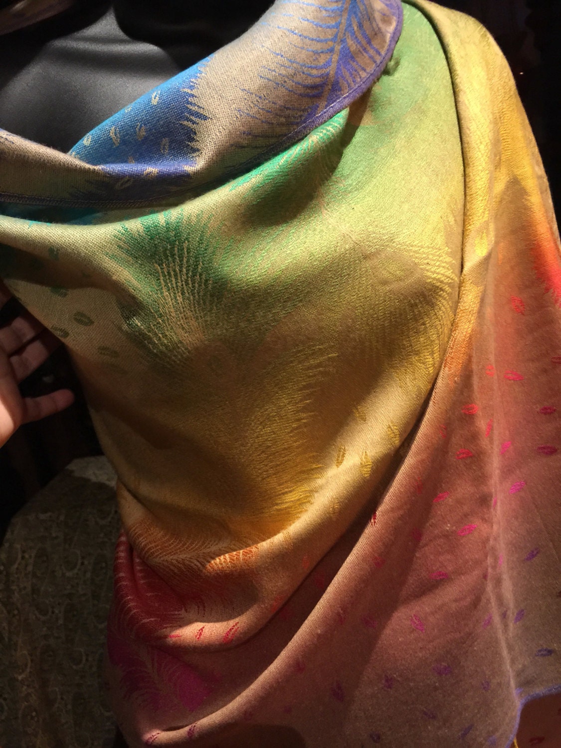 Vintage Rainbow Peacock feather Brocade Pashmina Scarf Wrap Shawl