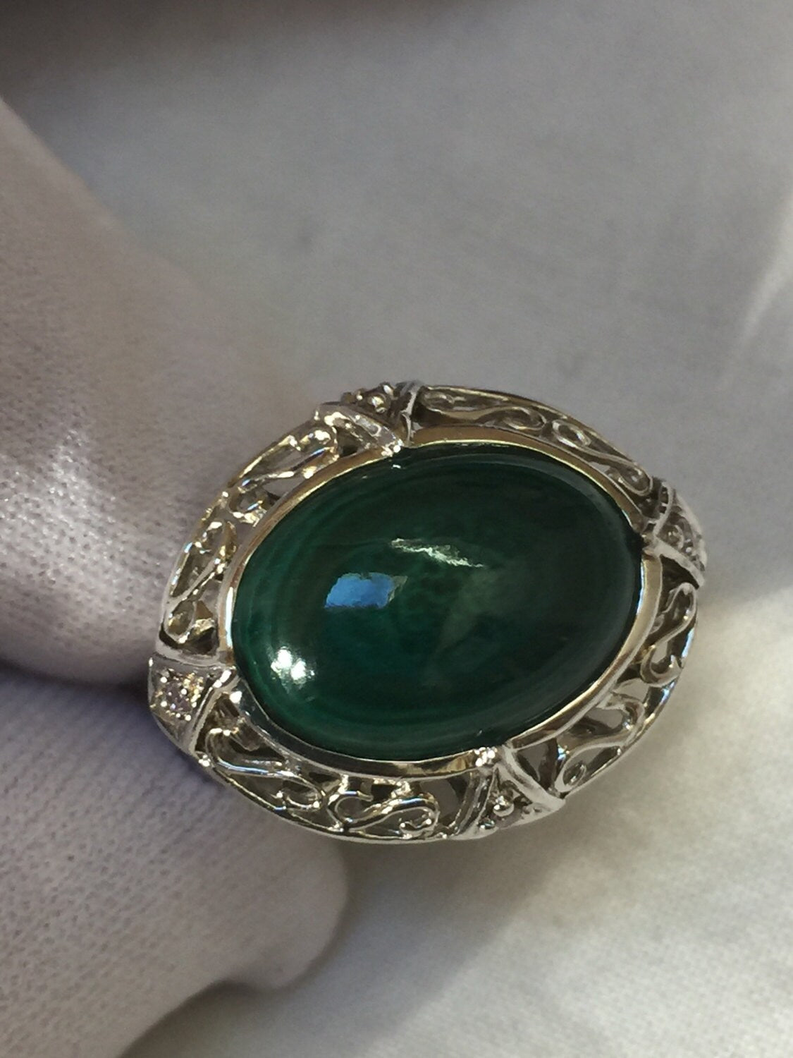 Vintage Handmade Genuine Green Malachite Setting 925 Sterling Silver Gothic Ring