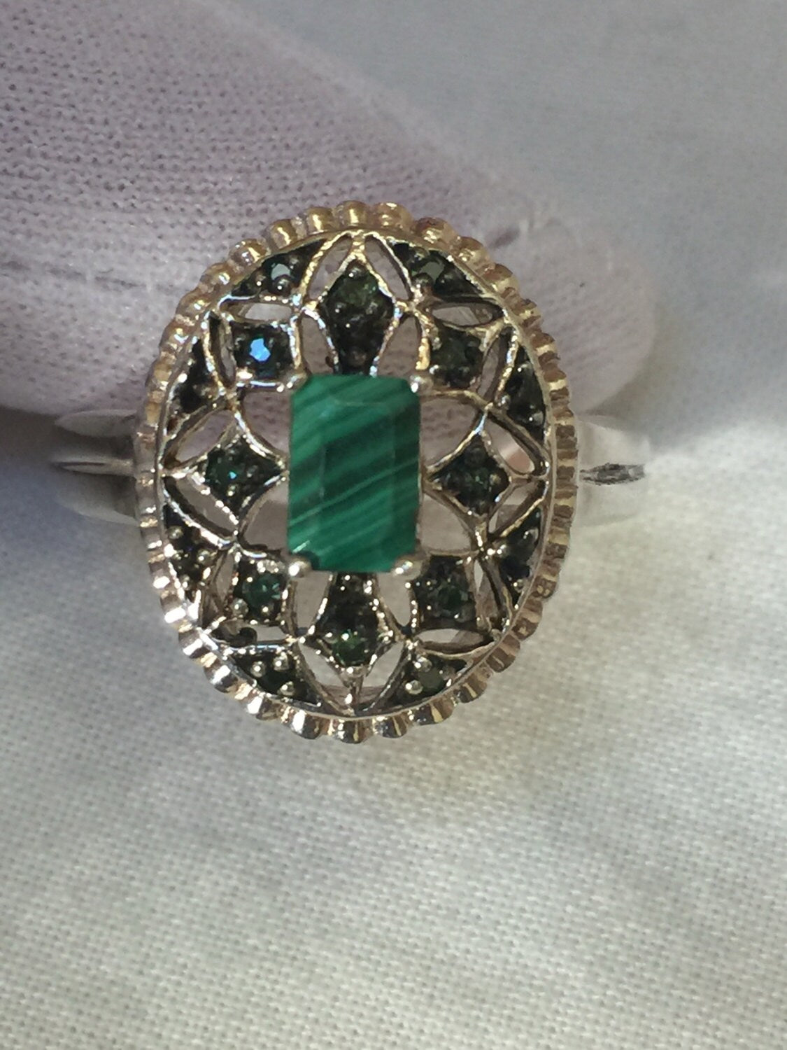 Vintage Handmade Genuine Green Malachite Setting 925 Sterling Silver Gothic Ring