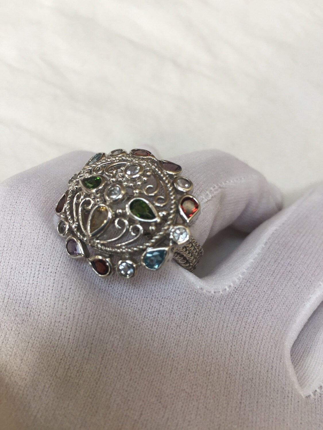 Vintage Handmade Genuine Tourmaline and White Sapphire 925 Sterling Silver Gothic Flower Ring