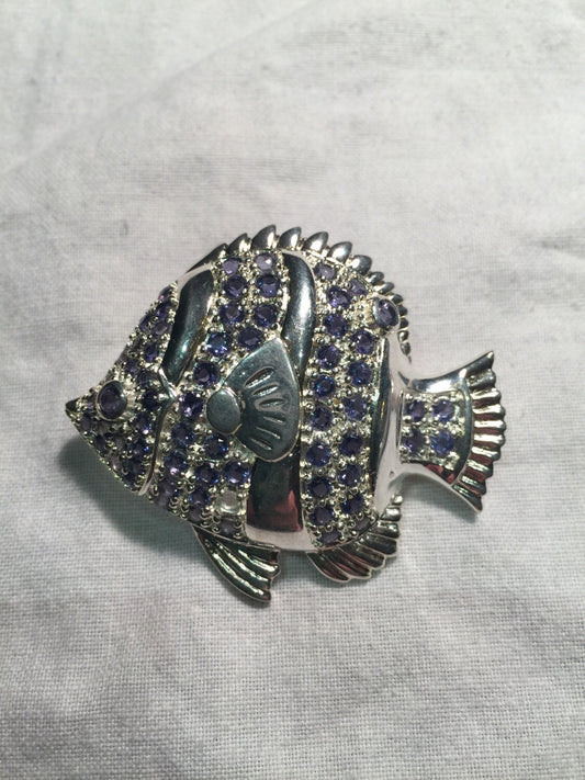 Vintage Handmade Blue Iolite Sterling Silver Fish Brooch