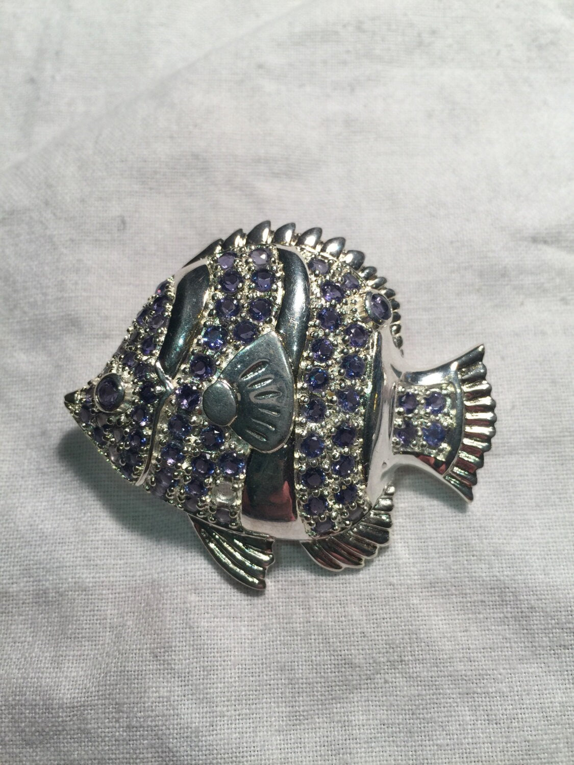 Vintage Handmade Blue Iolite Sterling Silver Fish Brooch