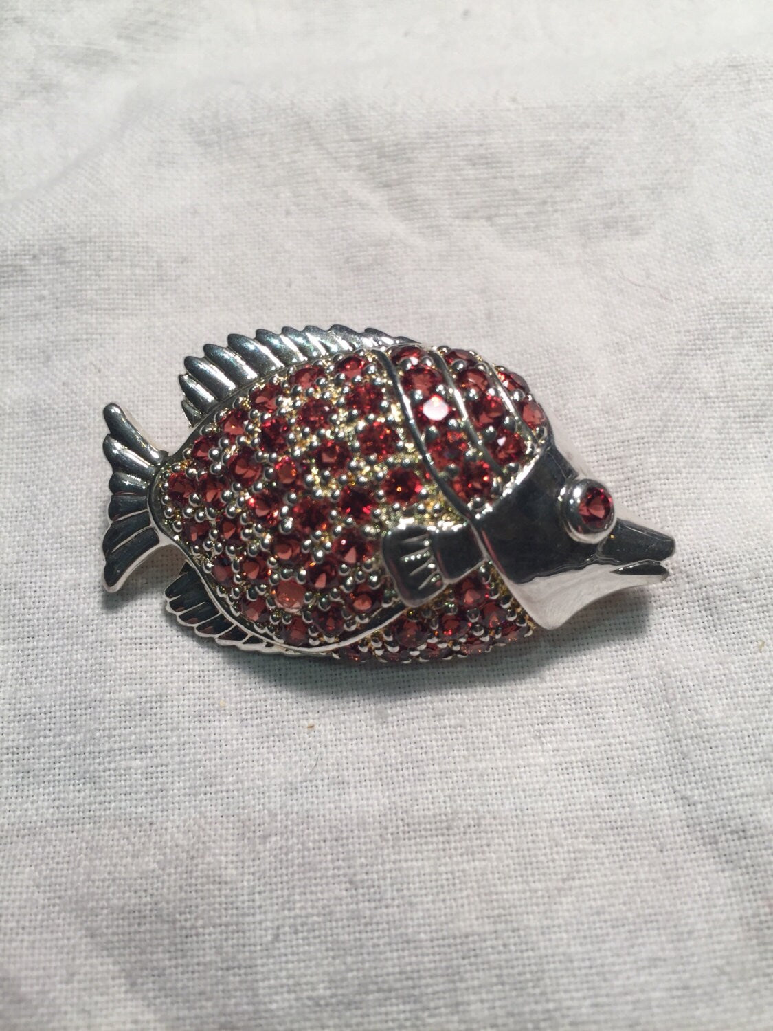 Vintage Handmade Red Garnet Sterling Silver Fish Brooch