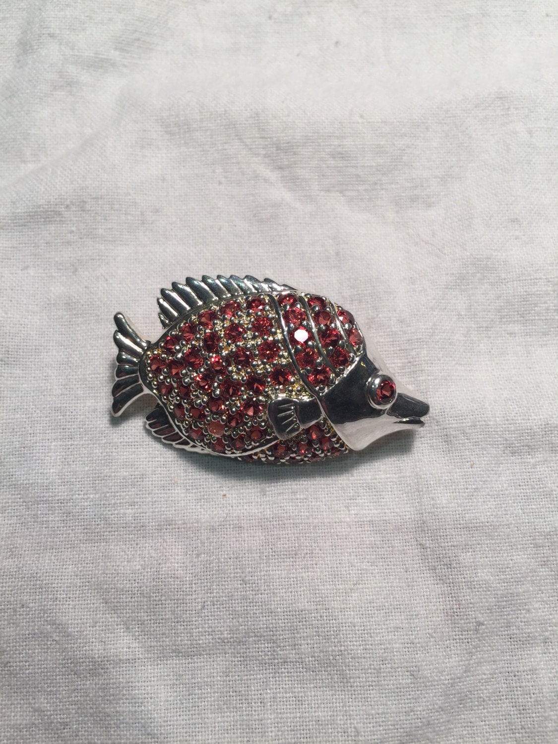 Vintage Handmade Red Garnet Sterling Silver Fish Brooch