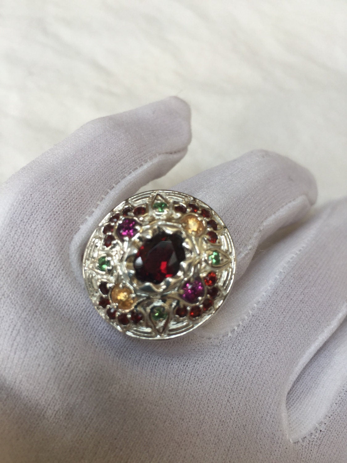 Vintage Bohemian Garnet 925 Sterling Silver Gold Ring